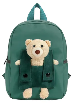 Image de Sac à dos pour enfant, modèle ours en peluche, couleur verte, dimensions : 27 x 20 x 10 cm
