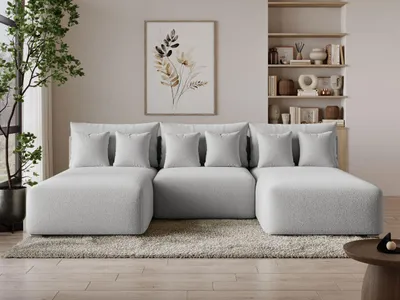 Produktbild von GrainGold Ecksofa U-Form Ronni - Ecksofa mit Schlaffunktion, Bettkasten - Moderne Ecksofa, Wohnzimmer Sofa - Eckcouch mit Bouclé-Stoff -  Grau
