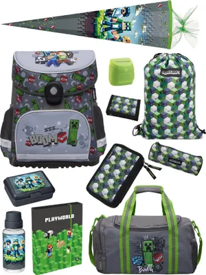 Produktbild von Grauer Minecraft Schulranzen für 1. bis 4. Klasse - Set 11-teilig mit Schultüte 85 cm und Heftbox - Schultasche Jungen, ergonomisch, leicht, geräumig