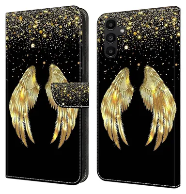 Produktbild von CLM-Tech Hülle kompatibel mit Samsung Galaxy A14 5G - Tasche aus Kunstleder - Klapphülle mit Ständer und Kartenfächern, schwarz - goldene Flügel