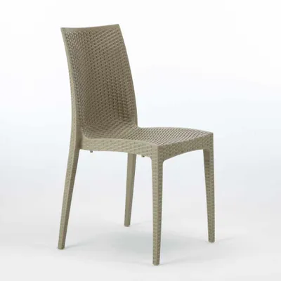 A single beige poly rattan chair is shown against a white background.