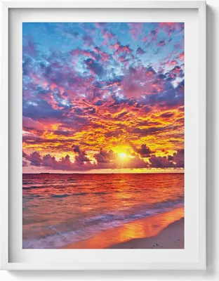 Produktbild von Sonnenuntergang über dem Meer– Wandbild mit Rahmen – Gerahmtes Bild  – Wanddekoration – 60x80 cm –  Weiß Rahmen
