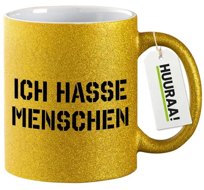 Produktbild von Huuraa Glitzertasse ICH HASSE MENSCHEN 330ml Gold Keramik Kaffeebecher Geschenkidee