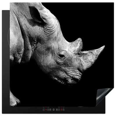 Produktbild von KitchenYeah© Herdabdeckplatte Portrait Nashorn auf schwarzem Hintergrund , 78x78cm, Küche Deko, Glaskeramikkochfeld Herdabdeckung, Abdeckplatte fùr Kochfeld