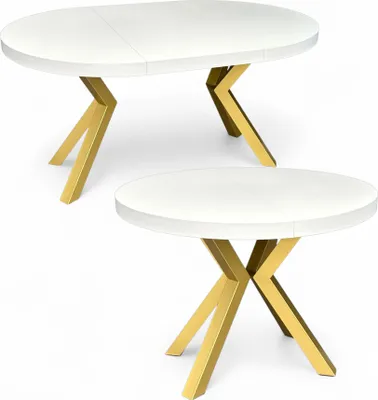 Produktbild von Runder Esstisch Weiß (Ø110/210 cm) Ausziehbar mit Goldenen X-Metallbeinen