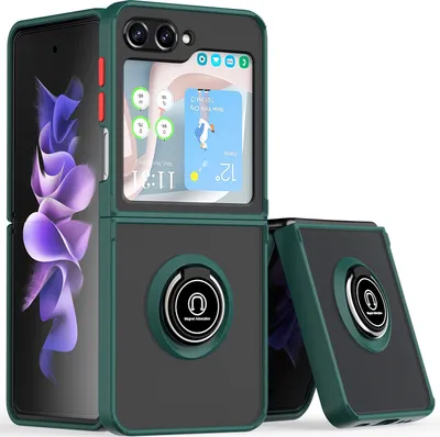 Produktbild von Hülle für Samsung Galaxy Z Flip 5 Ring Halter Ständer Matte Transluzent TPU Rahmen Stoßfest Schutzhülle dunkelgrün