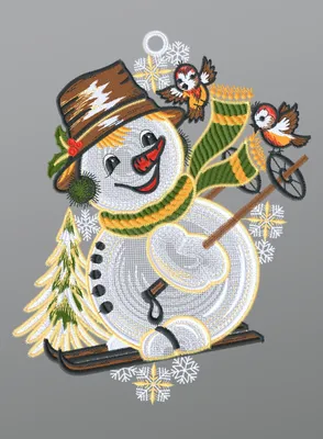 Produktbild von Fensterbild aus Plauener Spitze - Schneemann auf Skiern  (Bx H) 20cm * 26cm mehrfarbig Fensterdekoration Fensterschmuck