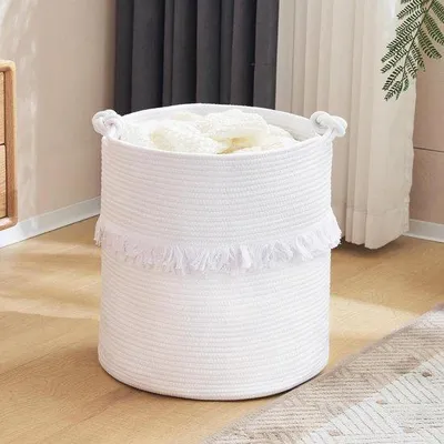 Immagine prodotto di Cesto in corda di cotone - Cesto portaoggetti per la cameretta dei bambini - Cesto portabiancheria intrecciato con manici - Cesto portaoggetti per giocattoli - 40 x 43 cm - bianco