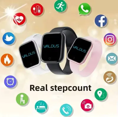 Three smartwatches are displayed in the center, surrounded by various app icons and text.