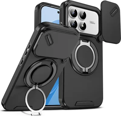 Immagine prodotto di Custodia a doppio strato per Xiaomi Poco F8 Pro/Redmi K90, con copertura scorrevole per la fotocamera e supporto magnetico ad anello Nero