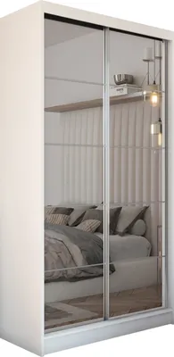 Produktbild von MEBLINI Kleiderschrank mit Spiegel, 2 Türen - Schwebetürenschrank mit Kleiderstange - Schlafzimmerschrank mit Einlegeböden - Wardrobe closet - FLORES - 120 cm - Weiß + Spiegel