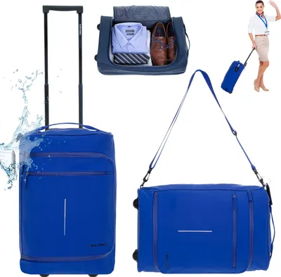 A collage of images showing a blue trolley suitcase, a blue duffel bag with a shoulder strap, and a woman in a flight attendant uniform pulling a small blue suitcase.