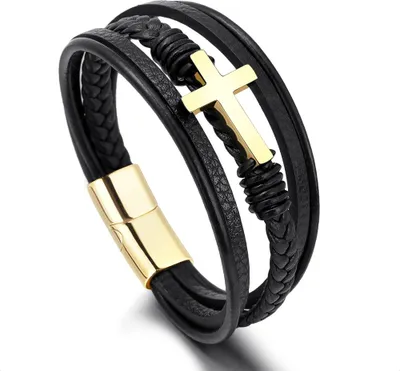 Obrázok produktu pre Pletený kožený náramok so zlatým krížom, 19 cm
