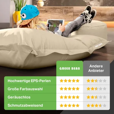 Produktbild von Green Bean® XXL Riesensitzsack 140x180cm + Hocker 40x40x40cm mit EPS-Perlen Füllung - 2er Set Sitzsack "Square+Stay" Beige