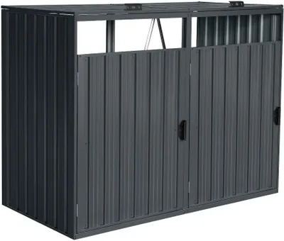 A dark gray metal trash can enclosure with double doors.
