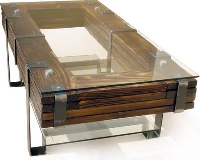 A rectangular coffee table with a wooden frame and a glass top, set against a white background.