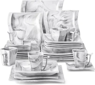 Produktbild von MALACASA Tafelservice, 30 tlg. Marmor Porzellan Geschirrset Kombiservice mit Kaffeetassen, Untertassen, Dessertteller, Suppenteller und Flachteller