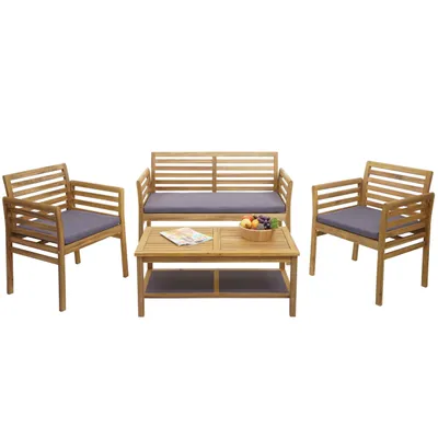 Obrázek produktu pro Zahradní souprava HWC-E99b, sedací souprava balkonová souprava lounge set, masivní akáciové dřevo s certifikátem MVG  polštáře tmavě šedé