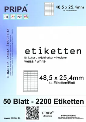 Produktbild von pripa 2200 Etiketten auf DIN A4 48,5 x 25,4 mm selbstklebend weiß - Allround Qualität 50 Blatt