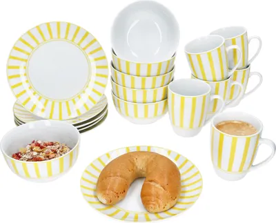 Obrázek produktu pro Split žlutá 18dílná snídaňová sada talíře misky hrnky pruhované