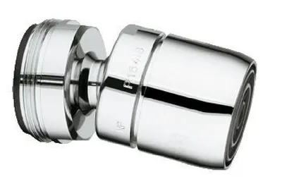 A chrome-plated shower head attachment on a white background.