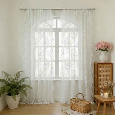 Image de Lot de 2 rideaux vintage en voile transparent à fleurs en dentelle, pour chambre, salon, terrasse ou mariage, blanc pur, L132 x H274 cm