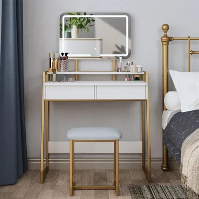 Image de Table de maquillage avec éclairage LED, miroir et tabouret, 2 tiroirs, blanc/doré