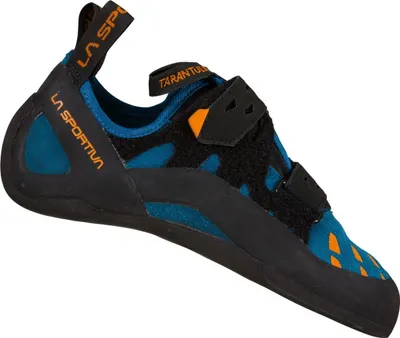 Kletterschuh Tarantula von La Sportiva in Blau und Schwarz mit Klettverschluss.