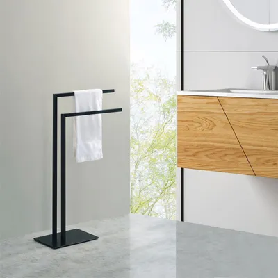 Produktbild von Handtuchhalter ANDREW Freistehend, Mattschwarz, aus hochwertigem Metall, mit 2 Armen & sicherem Stand. Ideal für Badezimmer, Badzubehör, Handtuchständer, Badetuchhalter, Stilvoll & Praktisch.