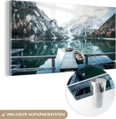Produktbild von MuchoWow Glasbilder - Bilder auf Wandbild - Foto auf Glas Natur - Berge - Schnee - Wald - Boot 40x20 cm Wanddekoration aus Glas - Acrylglasbild - Acrylbilder - Modern - Wandgemälde auf Glas