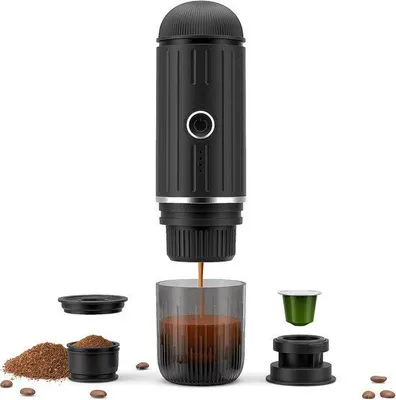 Obrázok produktu pre Elektrický prenosný espressovač s napájaním 12 V, dobíjateľný, automatická príprava kávy, ovládanie jedným tlačidlom, pre kapsule Nespresso a mletú kávu, vhodný na kempovanie, cestovanie a domáce použitie, čierny