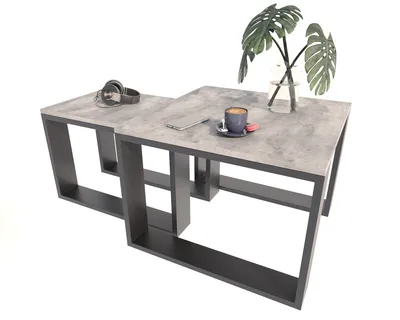 Produktbild von Couchtisch mit Loft, Beistelltisch Holztisch für Wohnzimmer, Sofatisch klein Holz, Wohnzimmertisch, Beton - Schwarz  zwei Tiscch