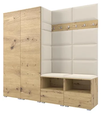 Produktbild von Garderobe NELA VI 200 cm Kompaktgarderobe Artisan Eiche mit Sitzpolster Creme 01 (Schrank & Paneel)