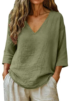 Produktbild von ASKSA Damen T-Shirt V-Ausschnitt 3/4 aermel Sommer Leinenbluse Musselin Bluse Einfarbig Casual Lose Basic Oberteile (Armeegruen,XXL)