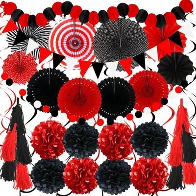 Produktbild von ZERODECO Tissue Pom Poms Set - Party Deko in Rot Schwarz