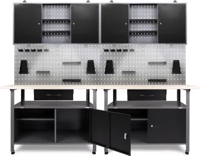 Produktbild von Ondis24 Metall Werkstatt Set 240 cm "Klaus" 2x Werkbank  +  2 Schränke LED Arbeitshöhe 85 cm abschließbar höhenverstellbare Füße Arbeitsplatte Holz Werkstatteinrichtung Packtisch Werktisch Werkstatttisch Montagewerkbank Hängeschrank Werkzeugschrank Werkstattschrank Werkzeugwand Werkstattwand Werkzeughalter Lochblech