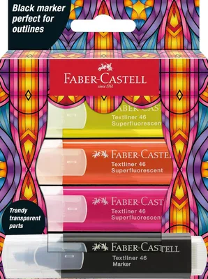 Obrázek produktu pro FABER-CASTELL - Sada zvýrazňovačů Glassy Neon, 4 ks, včetně černých fixů, pro děti a dospělé