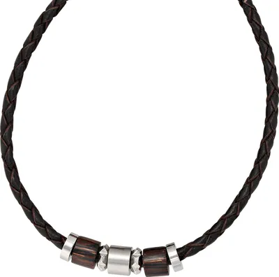 Produktbild von JOBO Collier Leder mit Edelstahl und Holzelementen teilmattiert 45 cm Karabiner