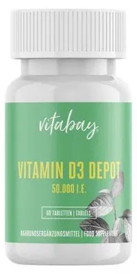 Produktbild von Vitabay Vitamin D3 Depot 50.000 I.E. – 60 vegane Tabletten – hochdosiert & vegan – ohne Zusatzstoffe – labor – Vorrat für sehr lange Zeit