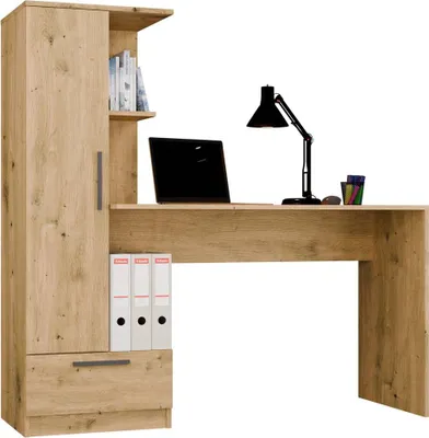 A desk with an attached bookshelf, a laptop, and a desk lamp.