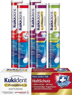 Produktbild von Kukident Set: Anti-Zahnstein 1x30 Tabs, Zahnweiß 2x30 Tabs, Aktiv Plus 2x33 Tabs, Haftcreme 1x40g