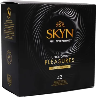 A black box of SKYN condoms with gold lettering and a swirling pattern.