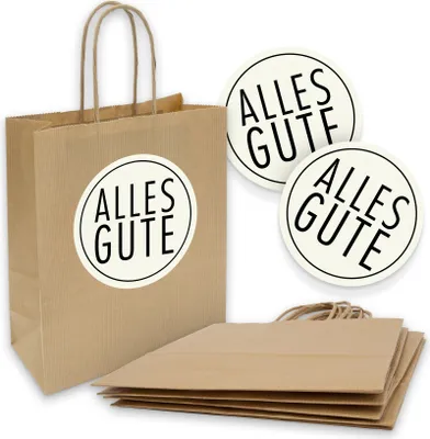 Produktbild von itenga 5x Geschenktüte mit Kordel 18x8x22cm + Sticker ALLES GUTE weiß schwarz