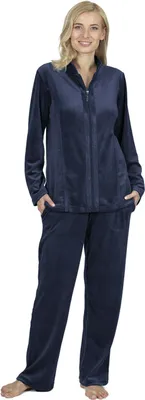 Produktbild von RAIKOU Damen Velours Freizeitanzug Hausanzug Sportanzug Freizeitanzug Jogginganzug Trainingsanzug 2 Teilig Oberteil und Hose Set Nachtblau 44/46