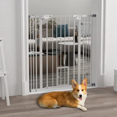 Produktbild von SUGIFT selbstschließend, Hundeabsperrgitter mit Katzenklappe, Treppenschutzgitter Stahl, Weiß  |  doppelte Verriegelung  |  104 cm hoch  |  74–101 cm breit