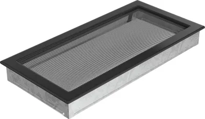 A rectangular ventilation grille with a black frame and a metal mesh insert, shown from a slightly elevated diagonal angle against a white background.