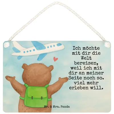 Produktbild von Mr. & Mrs. Panda Schild Bär Flugzeug Design DIN A6 - Weiß - Geschenk, Freundin, Hochzeitstag, kleine aufmerksamkeit, für Frauen, Türschild, Mitbringsel, Liebesbeweis