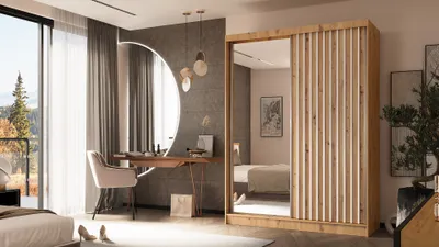 Produktbild von ALTDECOR Kleiderschrank mit Spiegel und Schiebetüren, kugelgelagerte Führungsschienen und Aluminium-Leisten - LAMELO - 160 cm - Artisan/Artisan/Weiß