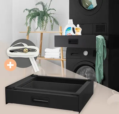 Produktbild von ML-Design Zwischenbaurahmen für Waschmaschine/Trockner mit ausziehbarer Schublade, Stahl 60x55cm Schwarz rutschfest, Zwischenbausatz Verbindungsrahmen
