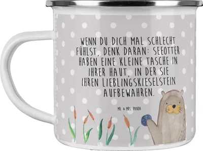 Produktbild von Mr. & Mrs. Panda Teetasse Otter Stein - Grau Pastell - Geschenk, Seeotter, Motivtasse, Emaille Tasse, Pott, Pflanzen, Witzige Fakten, Teebecher, wandertasse, Fun Facts